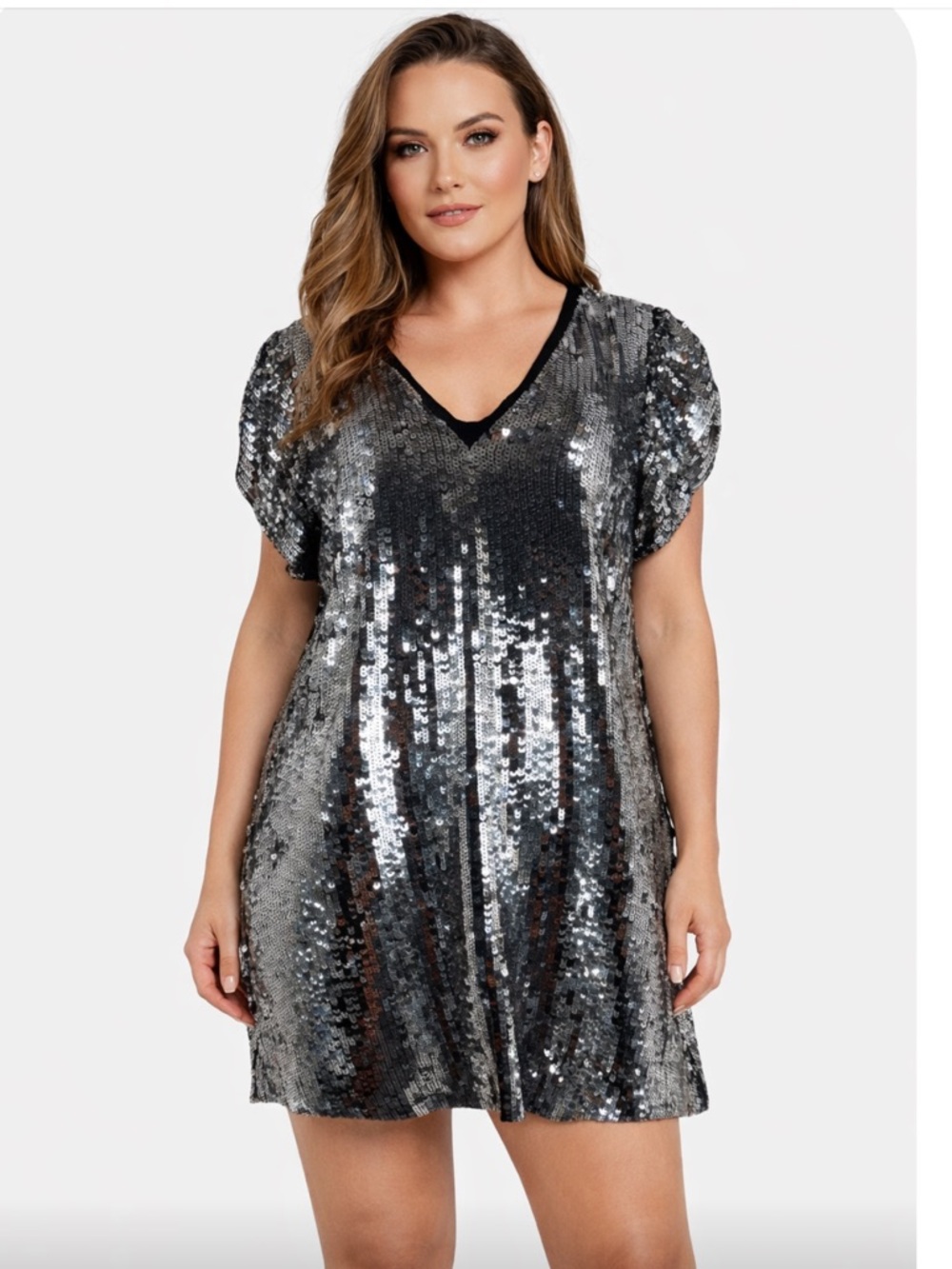 MICHAEL KORS Silver Sequin V-Neck Puff Sleeve Dress Size M - Picture 8 of 10